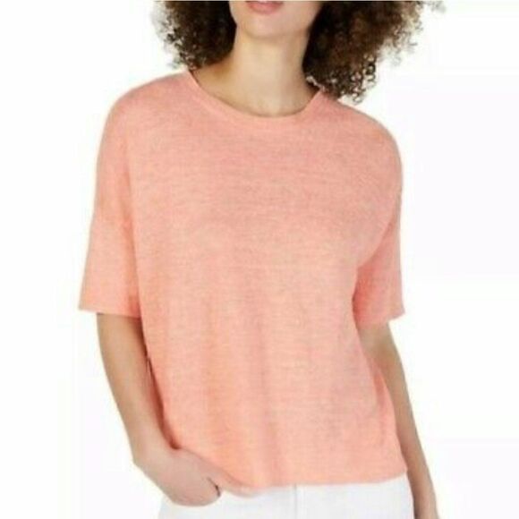 Eileen Fisher Organic Linen Melange Round Neck Short Sleeve Top Peach Women LG - Picture 1 of 7